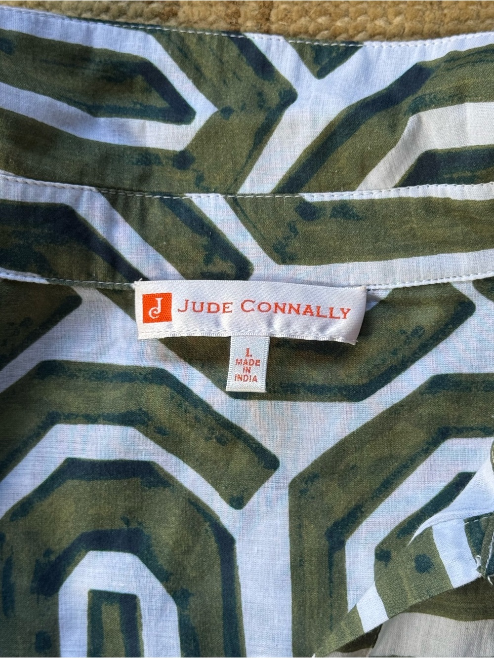 Jude Connally Olive & White Geometric Button-Down Shirt Dress